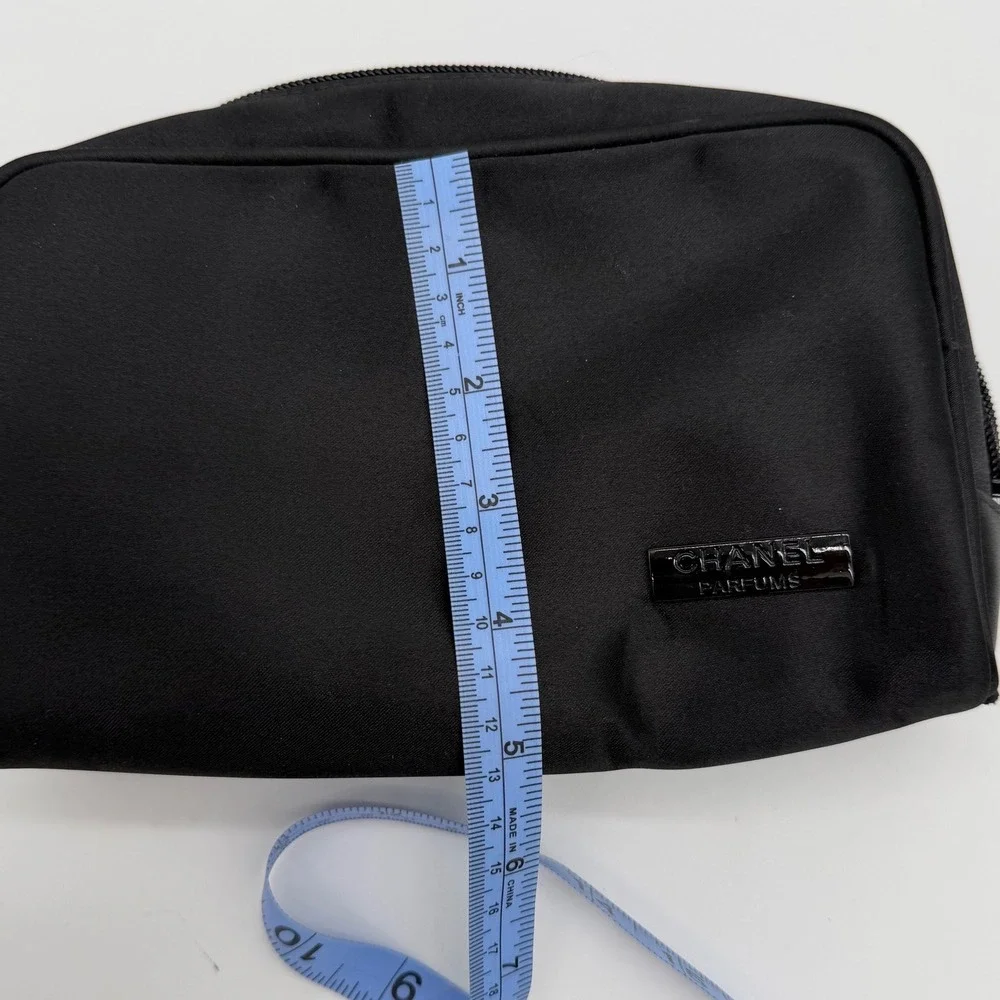 Chanel Parfums Black Cosmetic Makeup Bag Pouch Satin Gift Zippered Logo Liner